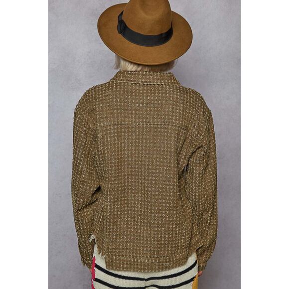 POL Long Sleeves Raw Hem Button Up Chest Pockets Cropped Denim Jacket | Olive - Picture 3 of 5